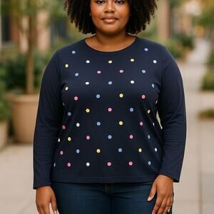 Talbots Plus Multi Color Polka Dot Navy Blue Cotton Blend Sweatshirt Size 2X
